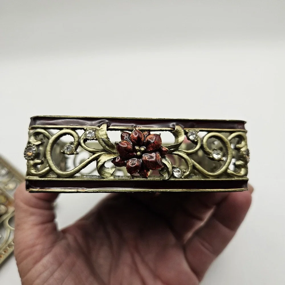 Ornate Square Enamel Floral Filigree Trinket Box with Rhinestone Accents 3